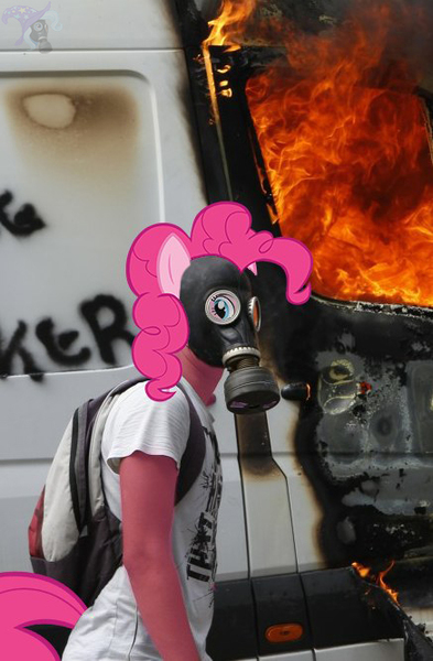 Size: 437x667 | Tagged: barely pony related, car, derpibooru import, fire, gas mask, human, irl, irl human, photo, pinkie pie, protest, semi-grimdark