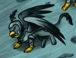 Size: 311x239 | Tagged: safe, derpibooru import, screencap, grampa gruff, gryphon, the lost treasure of griffonstone, cropped, flashback, griffon guard, history of griffonstone, male, scar, solo