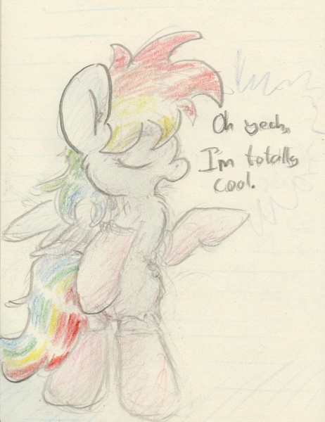 Size: 672x872 | Tagged: safe, artist:slightlyshade, derpibooru import, rainbow dash, clothes, dialogue, socks, solo, traditional art