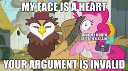 Size: 1920x1075 | Tagged: safe, derpibooru import, screencap, gunter, pinkie pie, earth pony, gryphon, owl griffon, pony, the lost treasure of griffonstone, caption, duo, meme, your argument is invalid