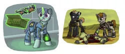 Size: 1850x804 | Tagged: semi-grimdark, artist:nukechaser, derpibooru import, oc, oc:littlepip, oc:raiderpip, oc:velvet remedy, unofficial characters only, pony, unicorn, fallout equestria, fanfic, /mlp/, blood, box, clothes, dead, death, energy weapon, fanfic art, female, fluttershy medical saddlebag, glowing horn, grin, gun, hooves, horn, levitation, magic, magical energy weapon, male, mare, medical saddlebag, open mouth, pipbuck, plasma defender, raider, saddle bag, simple background, smiling, stable, stallion, teeth, telekinesis, vault suit, wasteland, weapon, white background