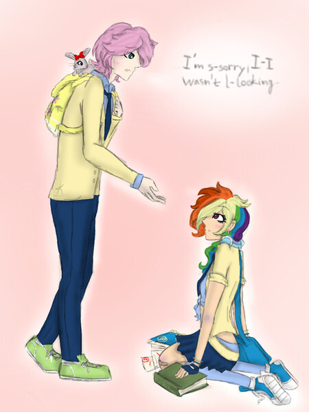 Size: 1200x1600 | Tagged: artist:kikirdcz, butterdash, butterscotch, clothes, converse, derpibooru import, dialogue, female, fluttershy, half r63 shipping, human, humanized, male, rainbow dash, rule 63, safe, school uniform, shipping, simple background, skirt, straight, sweatershy