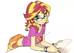 Size: 700x500 | Tagged: dead source, safe, artist:baekgup, derpibooru import, sunset shimmer, human, equestria girls, rainbow rocks, :o, ass, butt, clothes, cute, denim shorts, female, glasses, hnnng, humanized, leaning, leaning on table, looking at you, midriff, pen, rearing, sexy, shimmerbetes, shirt, shorts, simple background, solo, sultry pose, t-shirt, watch, white background, wristwatch