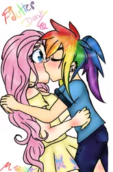 Size: 800x1212 | Tagged: safe, artist:ponyolove88, derpibooru import, fluttershy, rainbow dash, human, blushing, clothes, female, flutterdash, humanized, kissing, lesbian, shipping, skirt