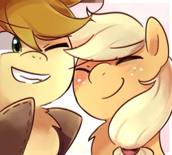 Size: 1000x900 | Tagged: applejack, artist:sion-ara, braebetes, braeburn, bust, chest fluff, cousins, cute, derpibooru import, duo, eyes closed, grin, jackabetes, one eye closed, portrait, safe, smiling