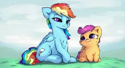 Size: 4266x2310 | Tagged: safe, artist:sverre93, derpibooru import, rainbow dash, scootaloo, pegasus, pony, :i, bedroom eyes, cute, cutealoo, female, filly, fluffy, grass, looking at each other, mare, sitting, smiling, sverre is trying to murder us, weapons-grade cute