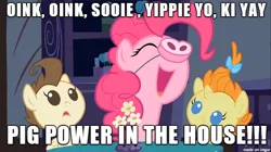 Size: 610x342 | Tagged: cake twins, derpibooru import, gordy, image macro, meme, nostalgia critic, piggie pie, pig nose, pinkie pie, pound cake, pumpkin cake, safe, screencap, song reference