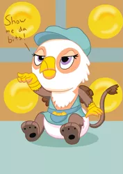Size: 883x1248 | Tagged: safe, artist:artiecanvas, derpibooru import, gimme moore, gryphon, the lost treasure of griffonstone, bits, chickub, cute, diaper, frown, glare, hat, image, looking up, newsboy hat, paws, png, sitting, younger