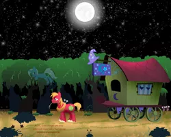 Size: 3125x2500 | Tagged: safe, artist:bigccv, derpibooru import, big macintosh, trixie, earth pony, pony, caravan, fanfic art, male, moon, night, shipping, stallion, stars, straight, the empty room, trixie's wagon, trixmac, wagon