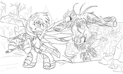 Size: 2500x1500 | Tagged: safe, artist:ruhisu, derpibooru import, oc, oc:brave wing, unofficial characters only, pegasus, pony, fallout equestria, attack, city, defending, defense, gun, male, monochrome, mutant, post-apocalyptic, ruins, sketch, stallion, standing, tentacles, wasteland, water tower, wip