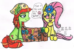 Size: 1024x675 | Tagged: 60s, artist:mane-shaker, backpack, bag, bandana, colored, cute, derpibooru import, ear fluff, fluttershy, hippie, hippieshy, hoofstock, make new friends but keep discord, necklace, peace symbol, pun, safe, traditional art, tree hugger, watercolor painting, woodstock