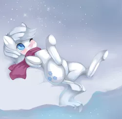 Size: 800x780 | Tagged: artist:misukitty, blushing, clothes, dead source, derpibooru import, double dawwmond, double diamond, lying, misleading thumbnail, on back, safe, scarf, snow, snowfall, solo, the cutie map, underhoof