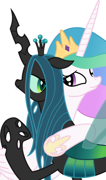 Size: 5000x8456 | Tagged: safe, artist:weegeestareatyou, artist:yewdee, derpibooru import, princess celestia, queen chrysalis, alicorn, changeling, changeling queen, pony, absurd resolution, cute, cutealis, cutelestia, duo, duo female, eye contact, fangs, female, floppy ears, hug, lidded eyes, looking at each other, looking back, mare, simple background, smiling, transparent background, vector