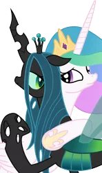 Size: 5000x8456 | Tagged: safe, artist:weegeestareatyou, artist:yewdee, derpibooru import, princess celestia, queen chrysalis, alicorn, changeling, changeling queen, pony, absurd resolution, cute, cutealis, cutelestia, duo, duo female, eye contact, fangs, female, floppy ears, hug, lidded eyes, looking at each other, looking back, mare, simple background, smiling, transparent background, vector