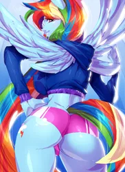 Size: 2400x3300 | Tagged: anthro, artist:xdtopsu01, ass, backwards cutie mark, breasts, busty rainbow dash, clothes, derpibooru import, erect nipples, female, hoodie, looking at you, nipple outline, nipples, pony coloring, rainbow dash, rainbutt dash, sexy, shorts, solo, solo female, suggestive