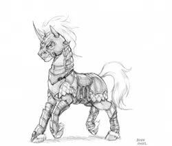 Size: 1200x1016 | Tagged: safe, artist:baron engel, derpibooru import, oc, oc:glory seeker, unofficial characters only, pony, unicorn, armor, male, monochrome, pencil drawing, simple background, solo, stallion, traditional art, unshorn fetlocks, white background