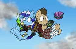 Size: 4004x2573 | Tagged: safe, artist:bobthedalek, derpibooru import, doctor whooves, minuette, time turner, earth pony, pony, unicorn, agrajag, arthur dent, background pony, bowl of petunias, clothes, crossover, don't panic, dressing gown, falling, female, ford prefect, hitchhiker's guide to the galaxy, male, mare, pajamas, pan galactic gargle blaster, plant, stallion