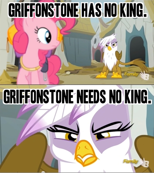 Size: 621x698 | Tagged: safe, derpibooru import, edit, edited screencap, screencap, gilda, pinkie pie, earth pony, gryphon, pony, the lost treasure of griffonstone, duo, female, griffonstone, lord of the rings, mare, screencap comic, the fellowship of the ring