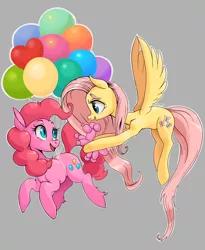 Size: 1748x2133 | Tagged: safe, artist:twitchykismet, derpibooru import, fluttershy, pinkie pie, earth pony, pegasus, balloon, balloon animal, cute, female, flying, happy, mare, suspended, then watch her balloons lift her up to the sky