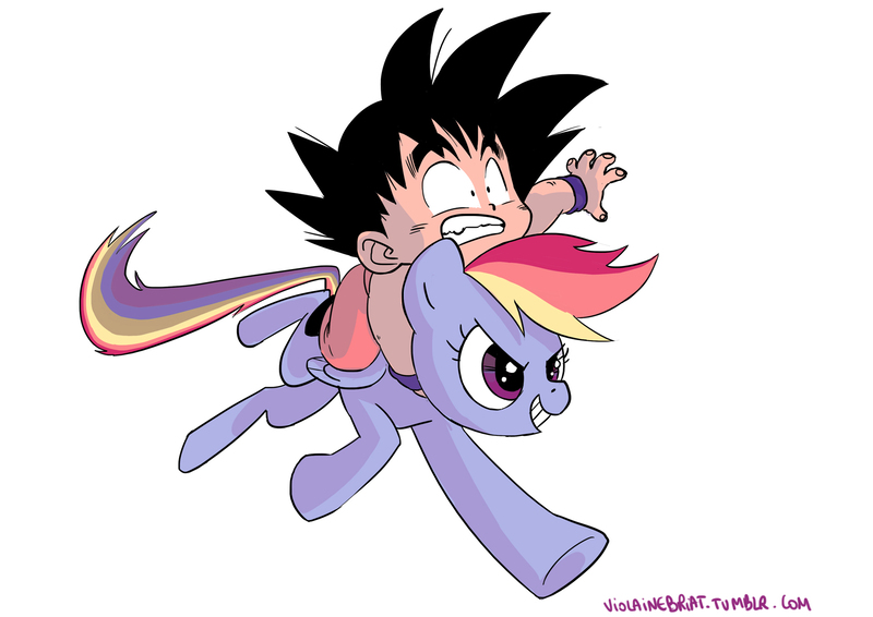 Size: 1754x1240 | Tagged: safe, artist:violaine briat, derpibooru import, rainbow dash, human, pegasus, pony, crossover, dragon ball, duo, female, goku, humans riding ponies, male, mare, riding, simple background, son goku, white background