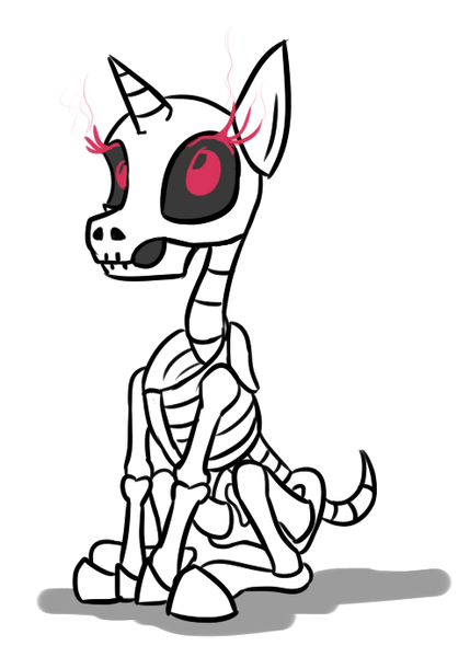 Size: 494x691 | Tagged: semi-grimdark, artist:jargon scott, derpibooru import, pony, skeleton pony, unicorn, bone, looking at you, red eyes, sitting, skeleton, solo