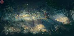 Size: 3000x1467 | Tagged: safe, artist:lukeine, derpibooru import, trixie, pony, unicorn, bridge, bridle, female, forest, mare, river, scenery, scenery porn, solo