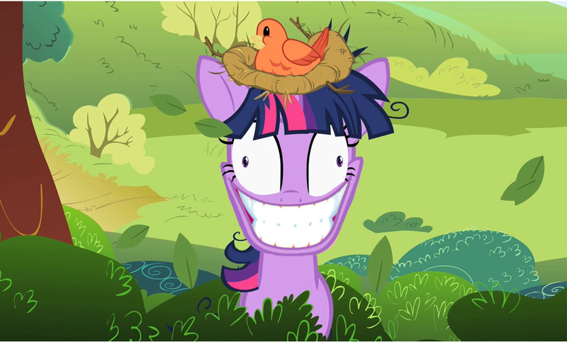 Size: 1024x618 | Tagged: artist:andrewtodaro, bird, bird nest, crazy face, derp, derpibooru import, edit, edited screencap, faic, human teeth, lesson zero, nightmare fuel, safe, screencap, slasher smile, teeth, twilight snapple, twilight sparkle