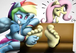 Size: 3500x2480 | Tagged: suggestive, artist:facelesssoles, artist:latinnewyorker, color edit, derpibooru import, edit, fluttershy, rainbow dash, ponified, anthro, plantigrade anthro, equestria girls, barefoot, bondage, clothes, colored, equestria girls outfit, equestria girls ponified, feet, foot fetish, skirt, soles, stocks, tanktop, tickle torture, tickling