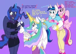 Size: 1098x774 | Tagged: suggestive, artist:caroo, derpibooru import, princess cadance, princess celestia, princess luna, shining armor, anthro, plantigrade anthro, barefoot, belly button, clothes, cute, dialogue, dress, feet, fetish, foot fetish, image, magic abuse, male feet, midriff, png, shining adorable, shining armor gets all the mares, shiningsub, short shirt, simple background, skirt, soles, teasing, tickling, whimpering