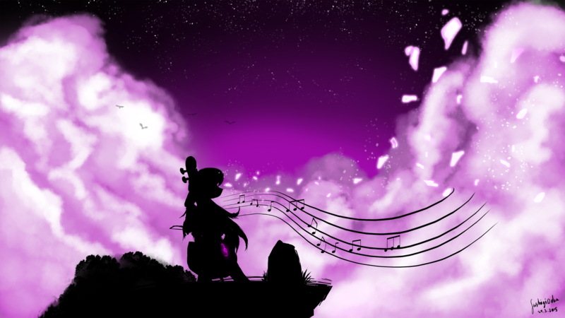 Size: 3200x1800 | Tagged: artist:fushigiooka, cello, cliff, derpibooru import, musical instrument, night, octavia melody, purple, safe, signature, silhouette, wallpaper