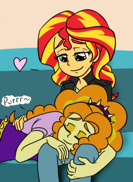 Size: 269x368 | Tagged: safe, artist:catlover1672, derpibooru import, adagio dazzle, sunset shimmer, equestria girls, adoragio, behaving like a cat, couch, cute, eyes closed, female, heart, hug, lesbian, purring, shipping, side, sitting, smiling, sunsagio