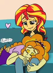 Size: 269x368 | Tagged: safe, artist:catlover1672, derpibooru import, adagio dazzle, sunset shimmer, equestria girls, adoragio, behaving like a cat, couch, cute, eyes closed, female, heart, hug, lesbian, purring, shipping, side, sitting, smiling, sunsagio