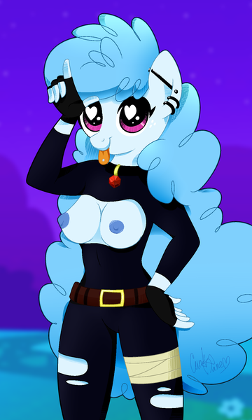 Size: 1200x2000 | Tagged: questionable, artist:va1ly, derpibooru import, oc, oc:curly mane, unofficial characters only, anthro, sheep, armpits, breasts, female, loser, night, nipples, nudity, piercing, solo, solo female, tongue out