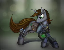 Size: 1126x895 | Tagged: safe, artist:pantzar, derpibooru import, oc, oc:littlepip, unofficial characters only, pony, unicorn, fallout equestria, fanfic, clothes, fanfic art, female, gun, handgun, little macintosh, mare, pipbuck, revolver, solo, vault suit, weapon