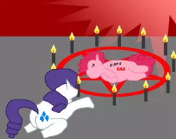 Size: 800x629 | Tagged: semi-grimdark, artist:pewdie-rarity, derpibooru import, pinkie pie, rarity, earth pony, pony, 1000 hours in ms paint, 666, abuse, butt, dead, female, mare, ms paint, pentagram, pinkiebuse, plot, sacrifice, satanic, satanic ritual, x eyes