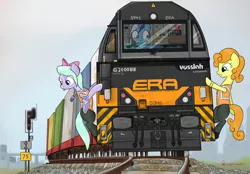 Size: 3508x2448 | Tagged: safe, artist:orang111, derpibooru import, carrot top, flitter, golden harvest, minuette, clothes, g2000bb, high-visibility clothing, hud, locomotive, railroad, reflective vest, tattoo, tongue out, train, uniform, vossloh g2000bb