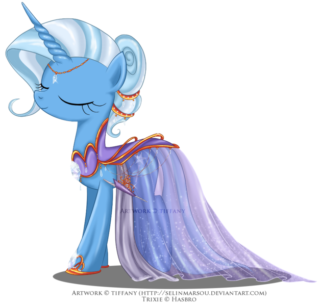 Size: 1108x1060 | Tagged: safe, artist:tiffanymarsou, derpibooru import, trixie, pony, unicorn, clothes, dress, eyes closed, fancy, female, gala dress, jewelry, mare, pretty, simple background, smiling, solo, transparent background