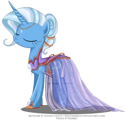 Size: 1108x1060 | Tagged: safe, artist:tiffanymarsou, derpibooru import, trixie, pony, unicorn, clothes, dress, eyes closed, fancy, female, gala dress, jewelry, mare, pretty, simple background, smiling, solo, transparent background