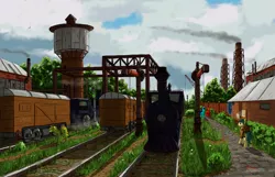 Size: 2340x1504 | Tagged: artist:eriada, derpibooru import, factory, fence, flower, grass, oc, path, railroad, safe, train, train station, tree, unofficial characters only, water tower