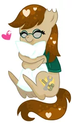 Size: 878x1548 | Tagged: artist:minikirby123, chibi, clothes, cuddling, cute, derpibooru import, eyes closed, glasses, heart, oc, oc:jackie trade, pillow, safe, simple background, sitting, smiling, snuggling, solo, torn ear, unofficial characters only, vest, white background