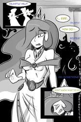 Size: 800x1200 | Tagged: artist:tigerdehavilland, clothes, comic, derpibooru import, dress, evil twin, eyes closed, grayscale, gritted teeth, hair over one eye, human, humanized, monochrome, open mouth, princess celestia, princess luna, safe, shadow, tumblr comic, wide eyes