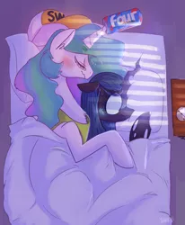 Size: 1280x1554 | Tagged: dead source, safe, artist:xieril, derpibooru import, princess celestia, queen chrysalis, alicorn, pony, baseball cap, bed, blushing, brolestia, chryslestia, cuddling, dork, dorkalis, drunk, drunklestia, eyes closed, female, four loko, hat, lesbian, mare, mewball, nerd, ruined for marriage, scrunchy face, shipping, sleeping, snuggling, spooning, tsundere