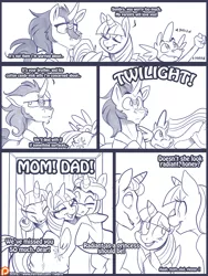 Size: 3000x4000 | Tagged: safe, artist:bluntwhiskey, derpibooru import, king sombra, night light, spike, twilight sparkle, twilight sparkle (alicorn), twilight velvet, alicorn, pony, ask twibra, comic, female, male, mare, monochrome, patreon, shipping, straight, twibra