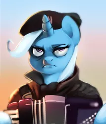 Size: 902x1054 | Tagged: accordion, artist:imalou, beret, bipedal, clothes, dat face soldier, derpibooru import, frown, glare, hat, looking at you, meme, musical instrument, remove kebab, safe, serbia strong, serious, serious face, solo, trixie, unamused