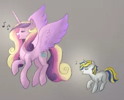 Size: 1024x832 | Tagged: safe, artist:kianamai, artist:mrs89fluffy, derpibooru import, princess cadance, oc, oc:valiant heart, pony, unicorn, kilalaverse, colored, mother and son, next generation, offspring, parent:princess cadance, parent:shining armor, parents:shiningcadance, simple background, singing