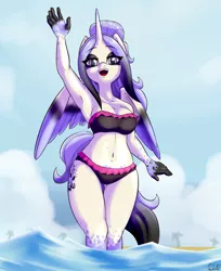 Size: 1145x1400 | Tagged: alicorn, alicorn oc, anthro, anthro oc, armpits, artist:skecchiart, belly button, bikini, breasts, clothes, derpibooru import, oc, solo, suggestive, swimsuit, unofficial characters only, waving