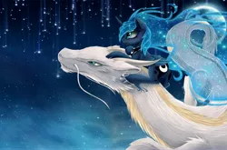 Size: 6800x4500 | Tagged: safe, artist:magnaluna, derpibooru import, princess luna, oc, oc:zefiroth, alicorn, dragon, eastern dragon, pony, absurd resolution, blushing, crossover, duo, ethereal mane, female, flying, haku, hoof fluff, hug, male, mare, moon, open mouth, sky, spirited away, starry mane, starry night, studio ghibli