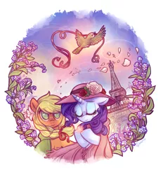 Size: 1575x1700 | Tagged: safe, artist:whitediamonds, derpibooru import, applejack, rarity, clothes, crying, dress, eiffel tower, female, flower, in memoriam, in memory, lesbian, paris, rarijack, rarijack daily, shipping, wreath