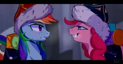 Size: 6167x3212 | Tagged: safe, artist:8bitamy, derpibooru import, pinkie pie, rainbow dash, pony, the lost treasure of griffonstone, absurd resolution, duo, female, grin, hat, looking at each other, mare, mongolian shepherd hat, scene interpretation, tonight you
