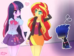 Size: 1457x1103 | Tagged: safe, artist:riouku, derpibooru import, flash sentry, sunset shimmer, twilight sparkle, equestria girls, blushing, chibi, clothes, cute, eye contact, female, flashabuse, heart, holding hands, lesbian, rejection, shipping, skirt, sunsetsparkle, the lesbians prosper